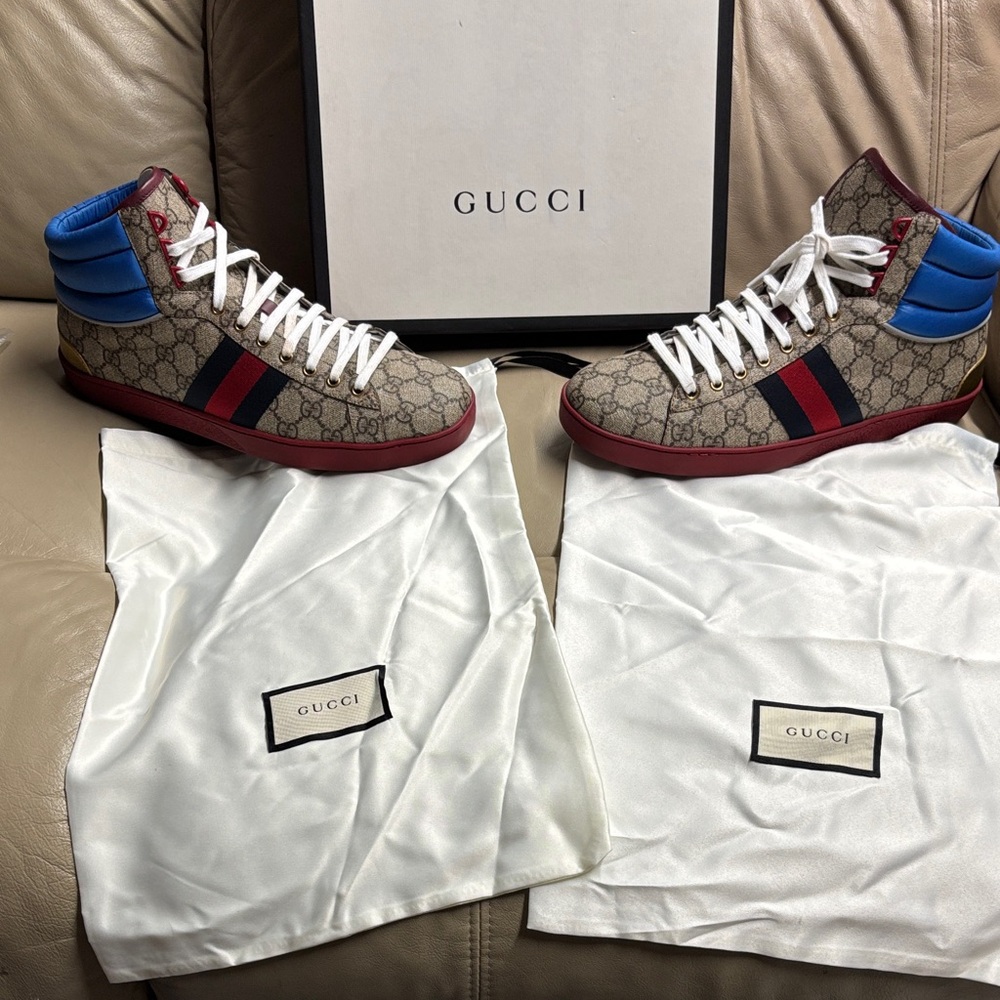 Gucci Ace GG High TopMen's Sneakers - Blue/Beige Size 10.5 - Picture 8 of 8